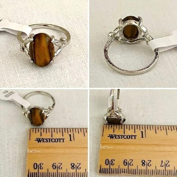 Tigers Eye Gemstone Ring Size 9.75 on Silvertone with Vine Accents on Band - Picture 10 of 12